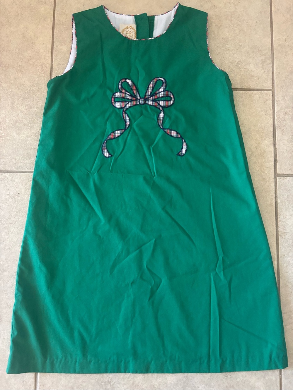 The Beaufort Bonnet Company Green Sleeveless Dress with Plaid Bow Christmas